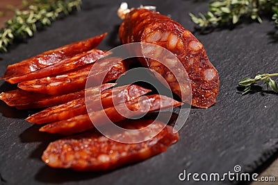 Sliced chorizo sausage Stock Photo