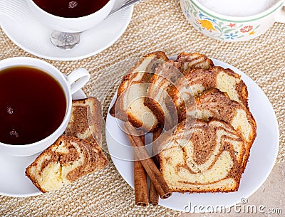Sliced Cinnamon Swirl Bread on a Plate Stock Photo