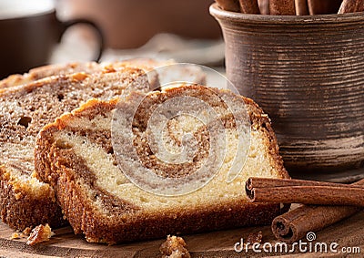 Sliced cinnamon swirl loaf cake Stock Photo