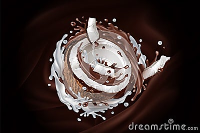 Sliced coconut in a chocolate and milky splash. Vector Illustration