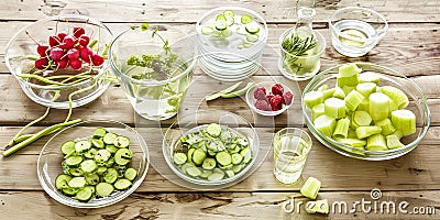 Sliced cucumber and radish in glass bowl on wooden table. Stock Photo