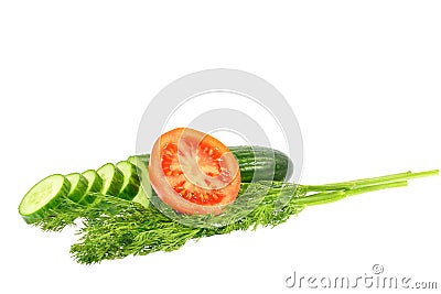 Sliced cucumber into slices next half tomato and dill Stock Photo