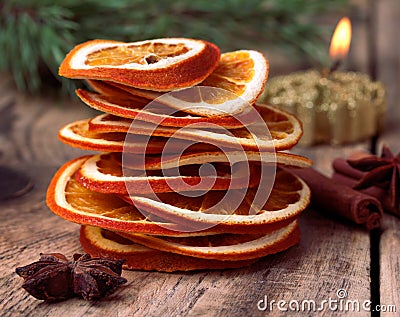 Sliced dried orange, cinnamon sticks, anise stars Stock Photo