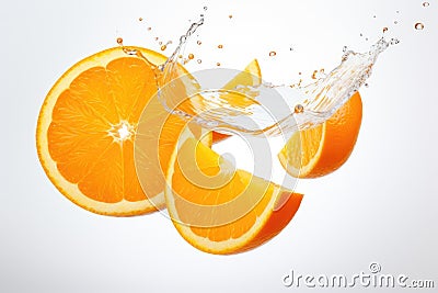sliced flying orange with splash isolated on white background. cut orange in pieces isolated on white background, AI Stock Photo