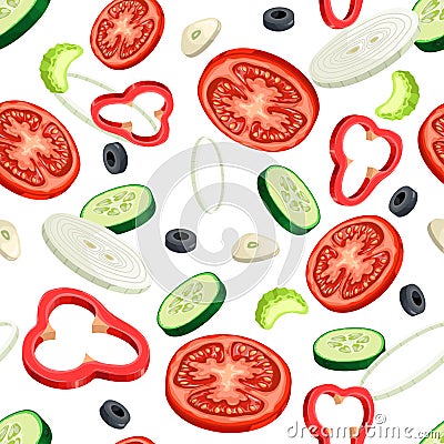 Sliced flying vegetables seamless pattern. Salad ingredients on the green background. Tomato, cucumber, onion, red bell pepper, ol Vector Illustration