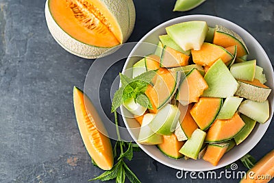 Sliced fresh melons in the plate Stock Photo