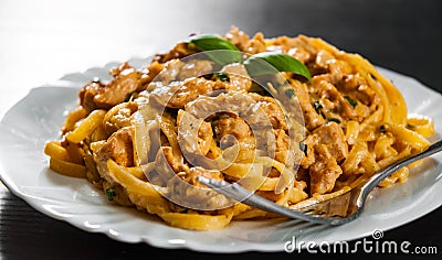 Sliced fried chicken breast meat in a creamy sauce with bavette pasta in a plate Stock Photo