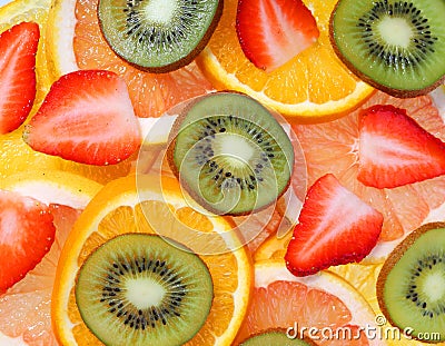 Sliced Fruits Background. Strawberry, Kiwi Stock Photo