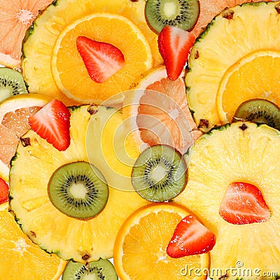 Sliced Fruits Background. Strawberry, Kiwi, Pineapple Stock Photo