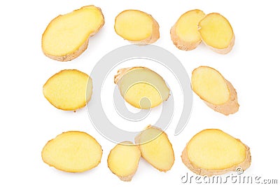 sliced ginger roots isolated on white background. Top view Stock Photo