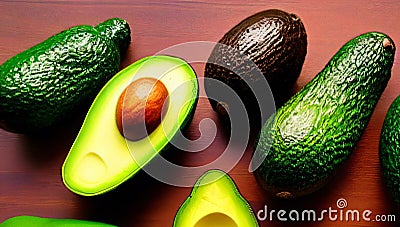 Sliced green avocados on the table. Avocado halves with a stone close-up. Generated AI. Stock Photo