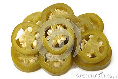 sliced green jalapeno peppers on white background Stock Photo