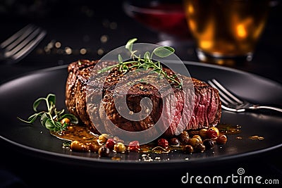 Sliced grilled medium rare beef steak served on black dish with herbs and peppers . BBQ grilled Stock Photo