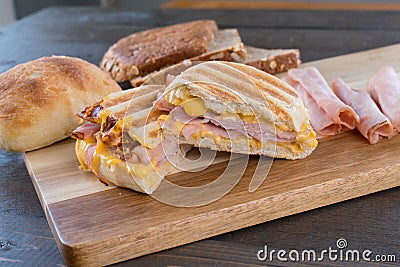 Sliced Grilled Ham and Cheese Panini Sandwich Stock Photo