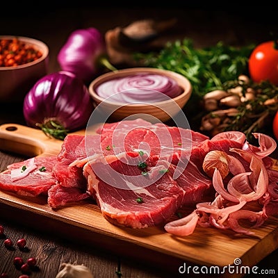 Sliced grilled marbled meat steak filet mignon with onion and asparagus on wooden serving board Stock Photo