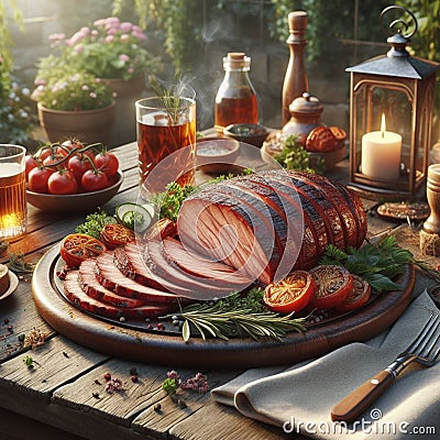 Sliced grilled meat on a flat plate placed on a wooden table in the garden 2 Stock Photo