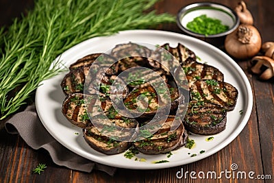 sliced grilled portobello mushrooms sprinkled with herbs Stock Photo