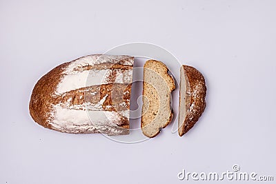 Sliced Homemade Wheat Bread are Lying on Blue Background Minimalism Top View Tasty Homemade Bread Horizontal Stock Photo