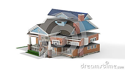 Sliced house in different directions on a white background. Cartoon Illustration