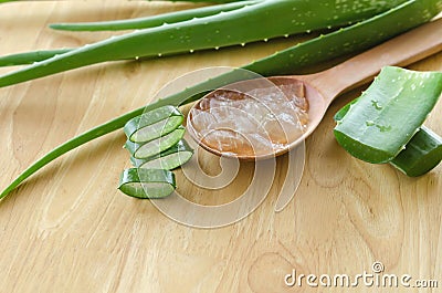 Sliced and leaf of fresh aloe vera with aloe vera gel product on Stock Photo