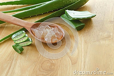 sliced and leaf of fresh aloe vera with aloe vera gel product on Stock Photo