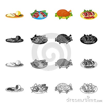 Sliced lemon, shish kebab, tasty food, fried chicken, shish kebab with vegetables. Food and Cooking set collection icons Vector Illustration