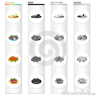 Sliced lemon, shish kebab, tasty food, fried chicken, shish kebab with vegetables. Food and Cooking set collection icons Vector Illustration