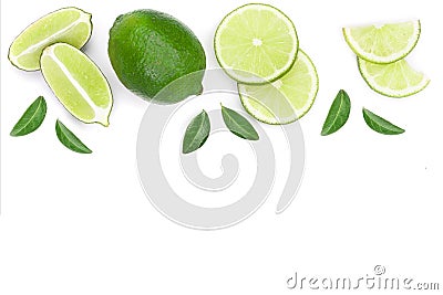 Sliced lime vith leaves isolated on white background with copy space for your text. Top view. Flat lay pattern Stock Photo