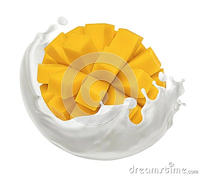 Sliced mango falling in milk splash isolated on white background Stock Photo