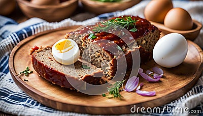 Sliced meatloaf with egg on a plate with boiled egg Stock Photo