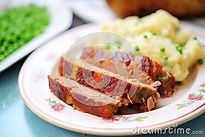 sliced meatloaf on a plate with green peas and mashed potatoes Stock Photo