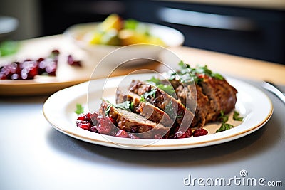 sliced meatloaf plated with cranberry sauce Stock Photo