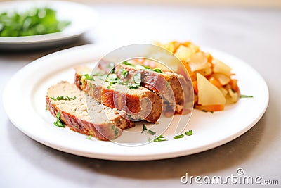 sliced meatloaf on white plate with parsley garnish Stock Photo