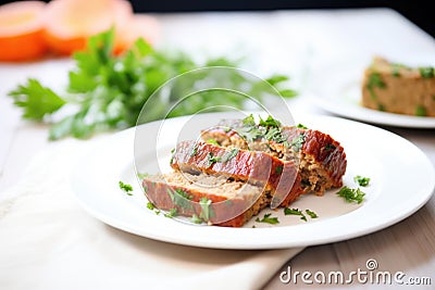 sliced meatloaf on white plate with parsley garnish Stock Photo
