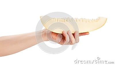 sliced melon in hand Stock Photo