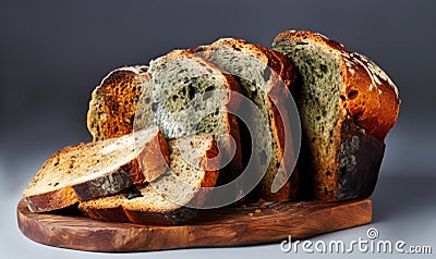 Sliced moldy bread on a wooden board Stock Photo