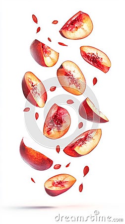 Sliced nectarines and seeds floating on white background Generative AI Stock Photo