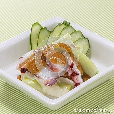 Sliced octopus with sauce, onion and cucumber in Nenkira recipe Stock Photo