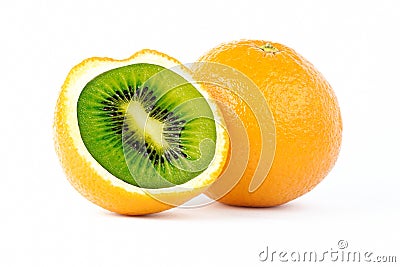 Sliced orange with kiwi inside photo manipulation on white background Stock Photo