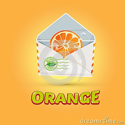 Sliced orange in letters with typographic design . freshness nat Cartoon Illustration