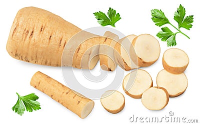 sliced parsnip root isolated on white background. clipping path Stock Photo
