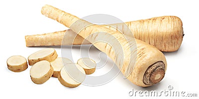sliced parsnip root isolated on white background. clipping path Stock Photo