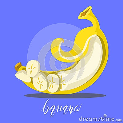 Sliced, peeled banana, cartoon, flat, simple illustration Vector Illustration