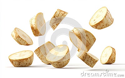 Sliced Raw Taro Root Floating Generative AI Stock Photo