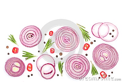 Sliced red onion with rosemary and peppercorns isolated on white background with copy space for your text. Top view Stock Photo