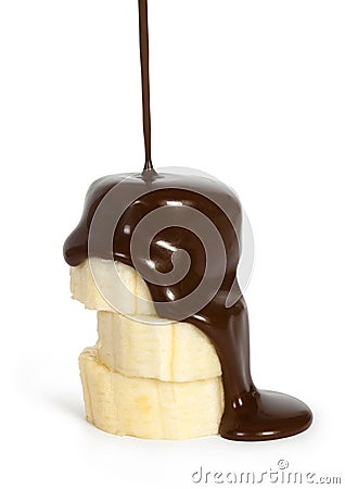 Sliced ripe banana with poured chocolate Stock Photo