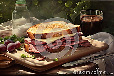 Sliced roast beef sandwich with cheese on a wooden board. Generative AI Stock Photo