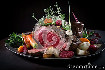 Sliced roast beef with vegetables and herbs on a black plate Stock Photo