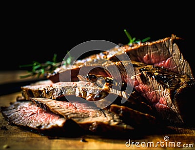 Sliced roast beef on a wooden board Stock Photo