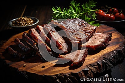 Sliced roast pork on a wooden cutting board Stock Photo